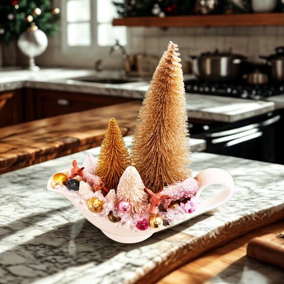 Wintery Forest with Grazing Deer Christmas Assemblage in China Gravy Boat - Picture 4 of 4